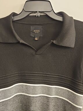 Six Linczoln Black Knit Polo with White Stripe